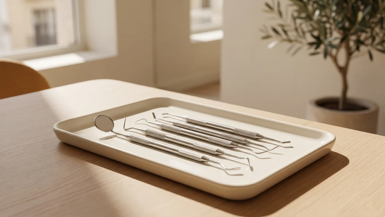 Dentista revisando una caries en el diente de un paciente con espejo intraoral.