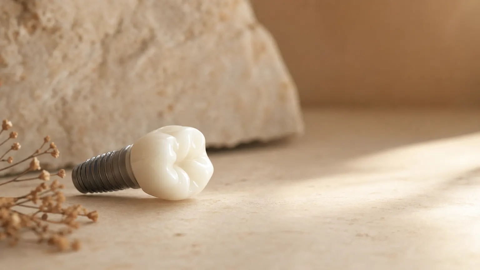 Corona de zirconio sobre un fondo cálido neutro, que evoca la durabilidad y solidez de un implante dental.